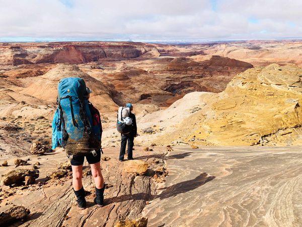 Two course participants look out over a sweeping view of Utah's canyons.