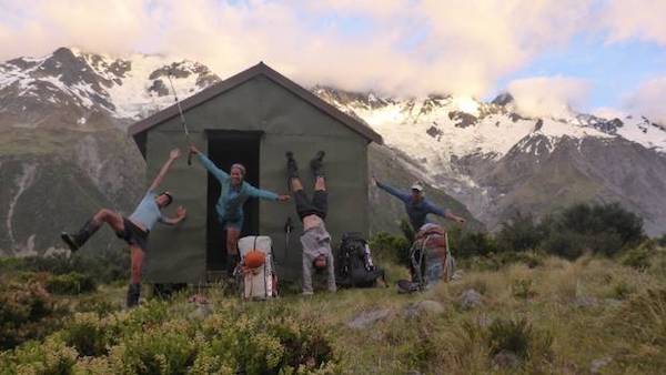 Inga Booiman and three friends at Liebig Hut in NZ's Aoraki-Mt Cook National Park