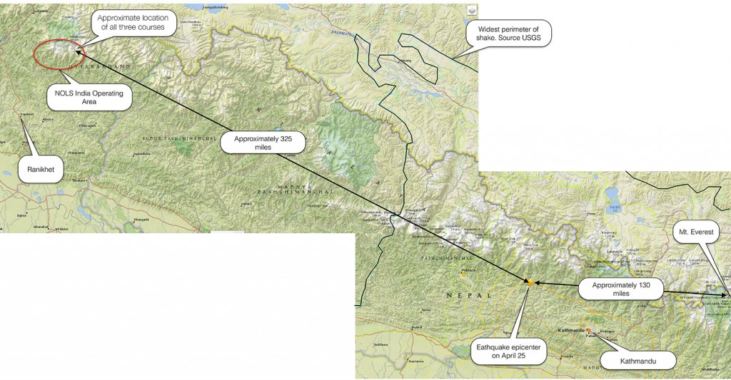 The faint orange, green, and yellow lines show the shockwave of the earthquake moved away from NOLS India. The epicenter is approximately 325 miles, as the crow flies, away from our course operating areas.
