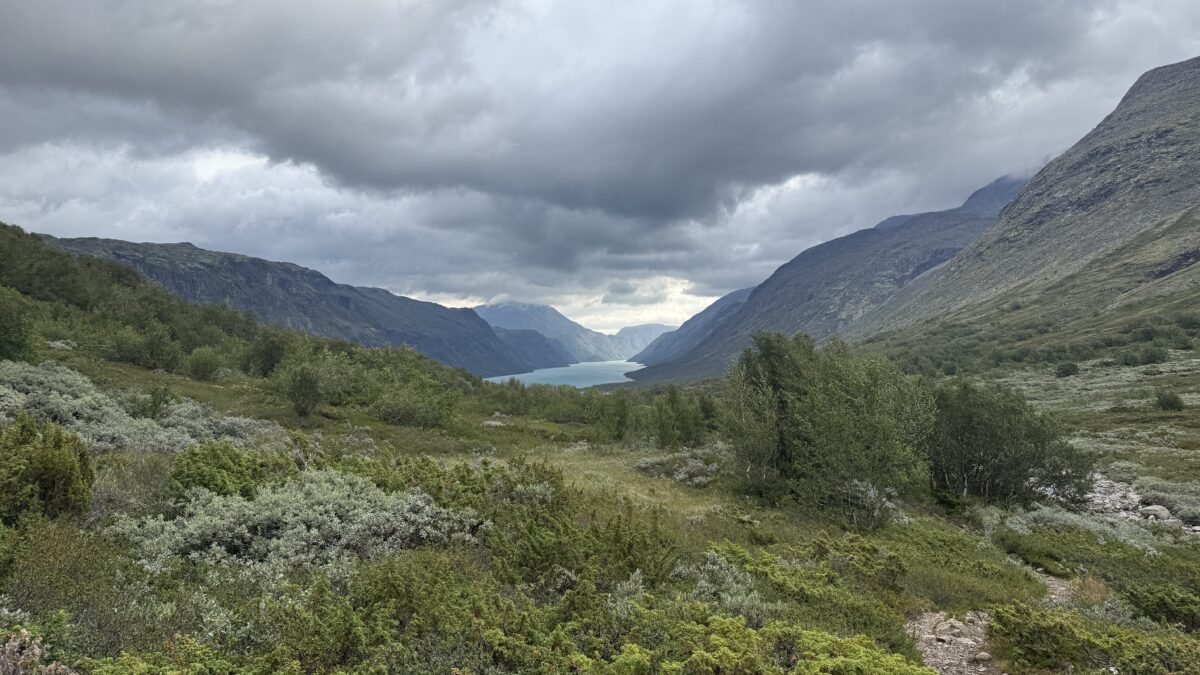 Mountains surrounding lake with dark clouds above and lush green in foreground.