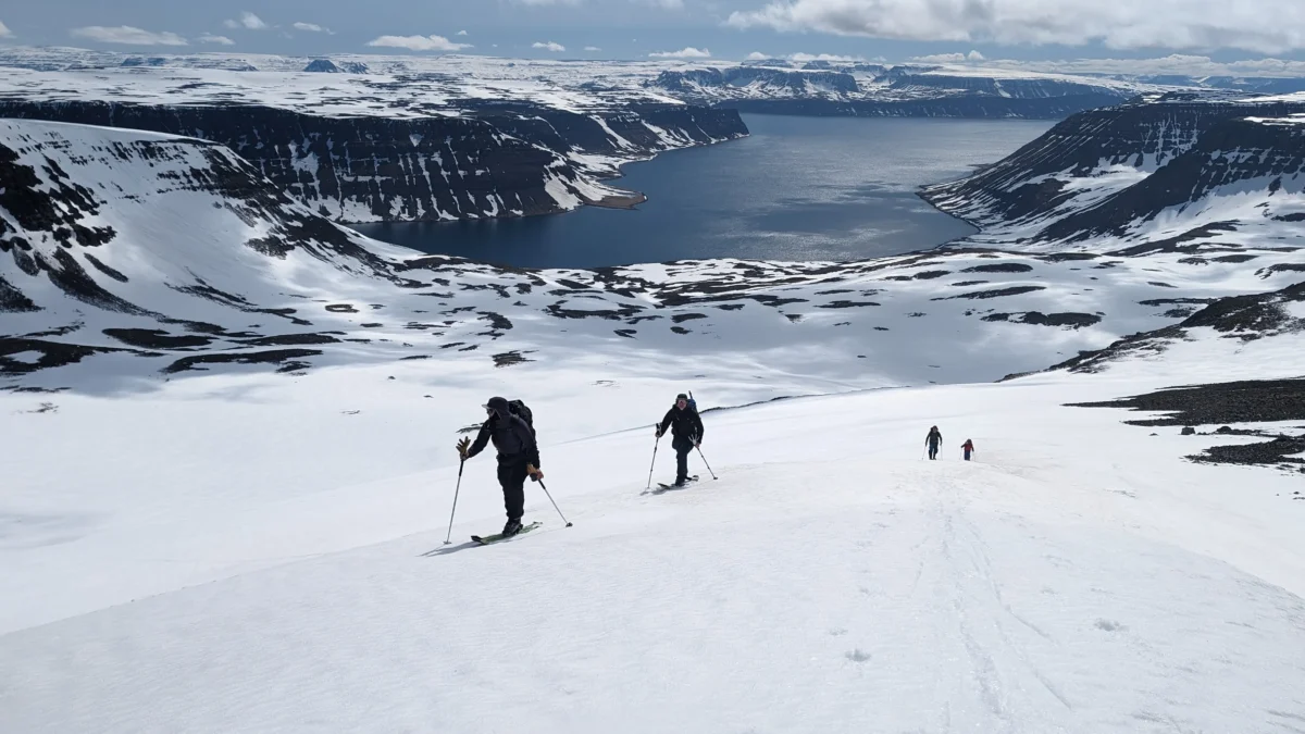 Four skiers climb up a snowy mountain. There is ocean in the background.