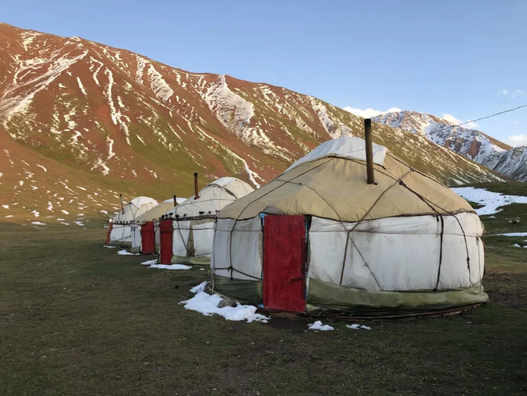 Three traditional yurts site in a row