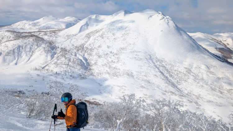 Skier poses with mountains and trees in the background.