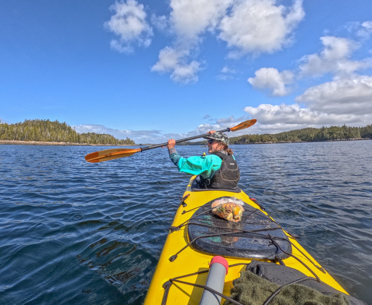 Woman holds paddle in the air and sits in a yellow kayak. The sea and evergreen trees surround the kayaker.