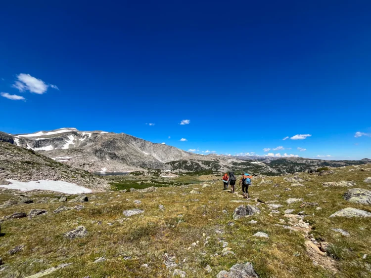 Hikers walk across the tundra with mountains in the distance.