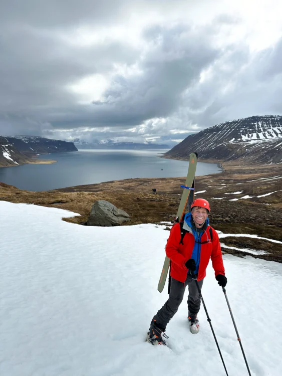 Skier stops and smiles in Iceland