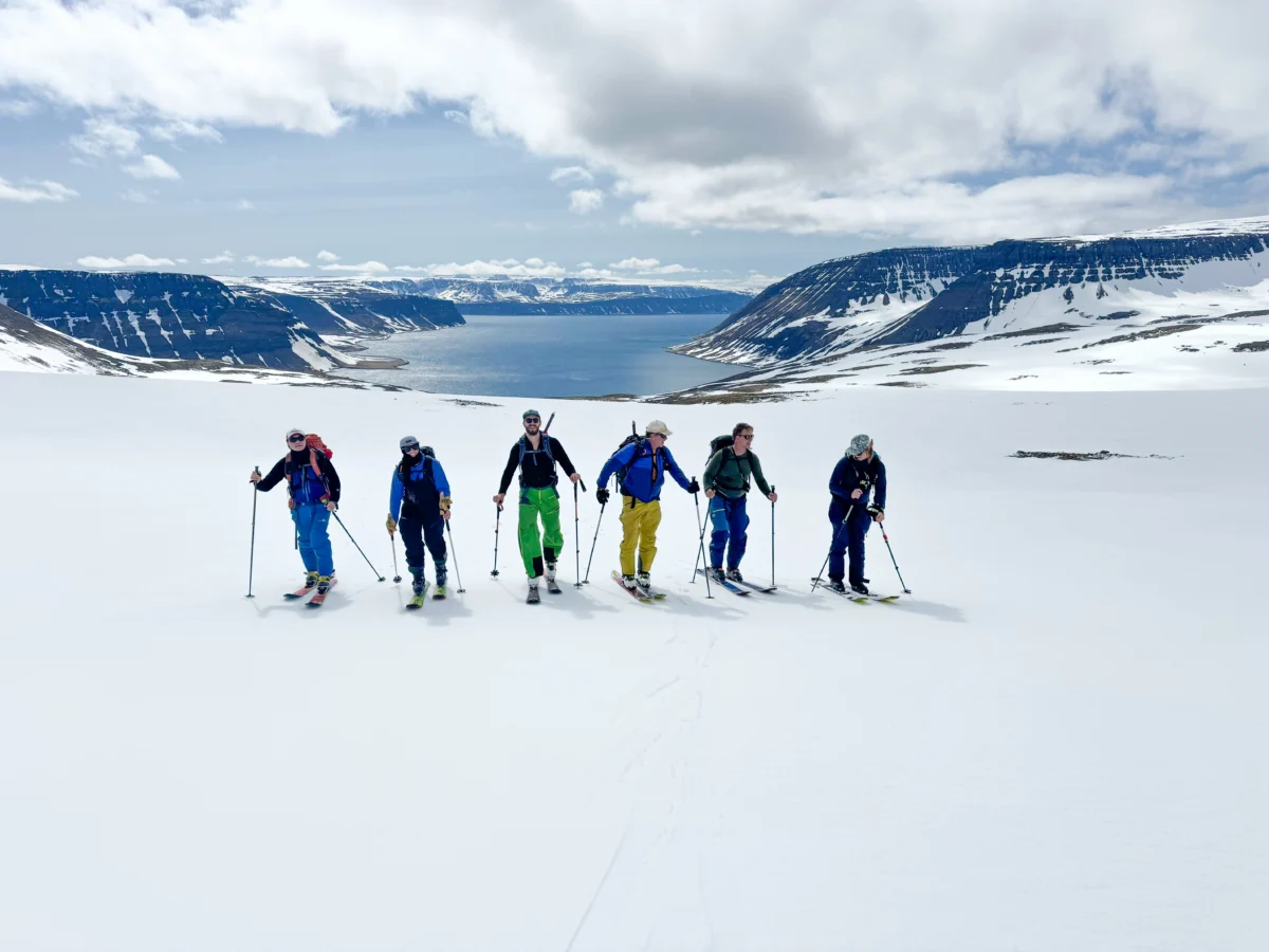 Skiers skin up the mountain in Iceland