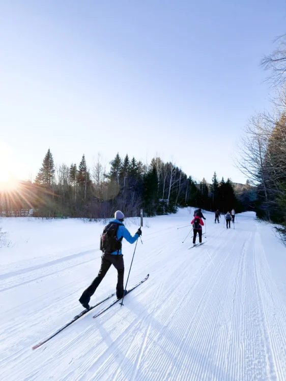 Nordic skiers ski on the trails in Maine