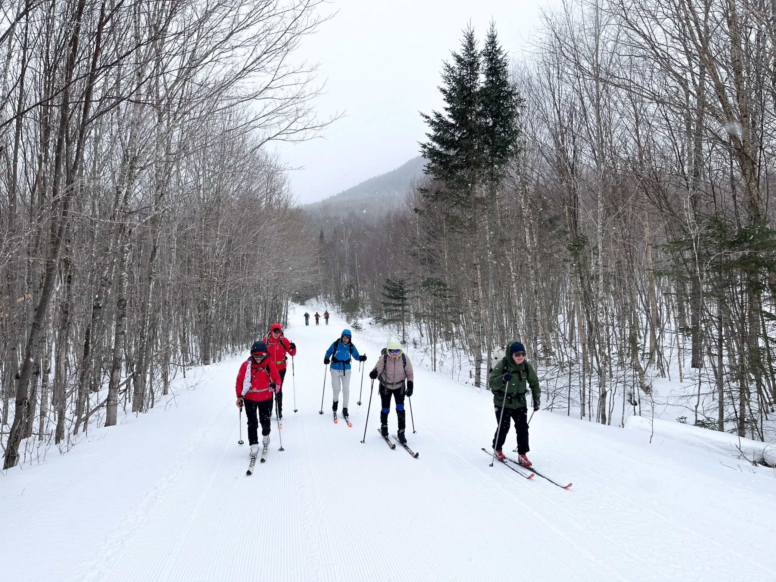 Skiers ski on the trail in Maine