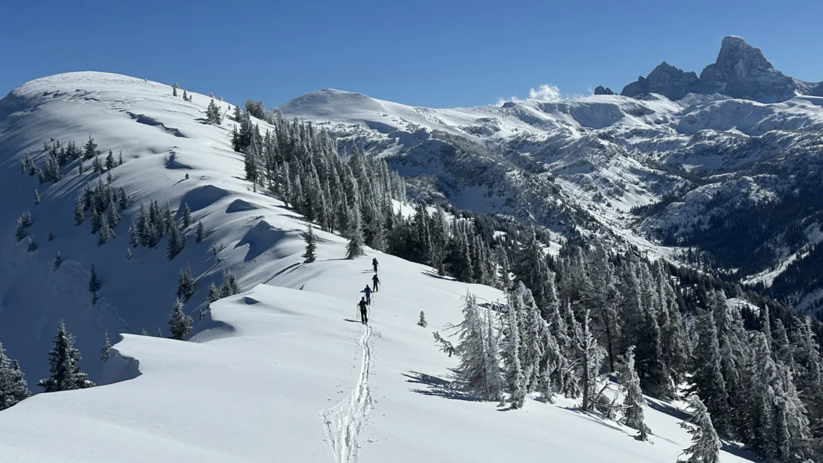 a group of people on skis are on a snowy ridge. large granite fin—the grand teton—is in the background against a blue sky