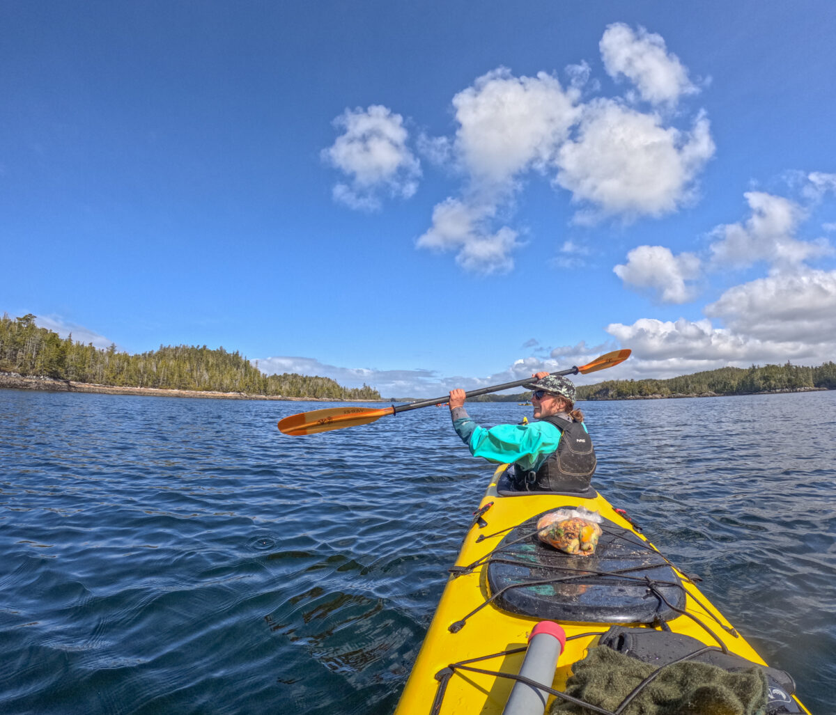 Kayaker holds up their paddle in British Columbia
