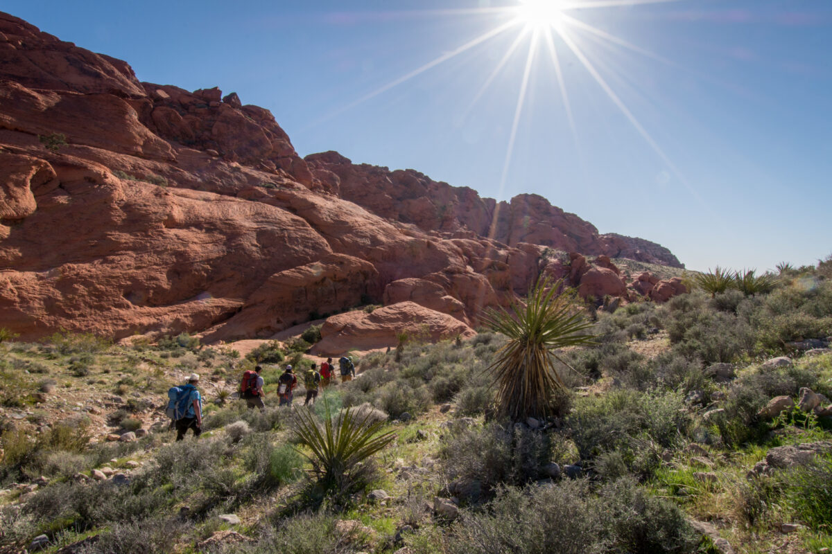 Group walking by Red Rocks climbing area, Nevada